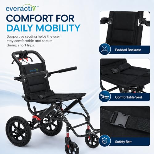 Image of EverActiv AERO GLIDE Foldable Travel Wheelchair, 9.5 kg Lightweight Portable Wheel Chair for Seniors & Patients, Compact Attendant Wheelchair with Aluminium Frame, Hand Brakes, Safety Belt & Foldable Footrest