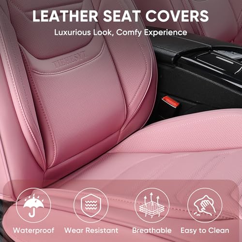 Image of TIEHESYT Pink Car Seat Covers Front Pair, Breathable Leather Automotive Front Seat Covers & Headrest, Auto Seat Cover, Compatible with Most Cars Sedans SUV Pickup Trucks