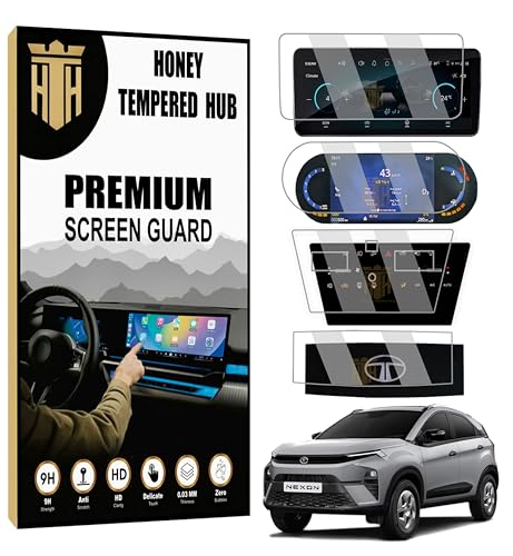 Image of (4 PACK) Screen Guard For TATA NEXON 2023-2026 FACELIFT - 10.25 INCH INFOTAINMENT (Round Corners) + 7 INCH INSTRUMENT CLUSTER + DIGITAL STEERING + AC CONTROL GUARD / Creative+ Creative Plus S Anti Scratch Car TouchScreen Display Guard | New TataNexon 2026 Accessories [Not Tempered Glass]