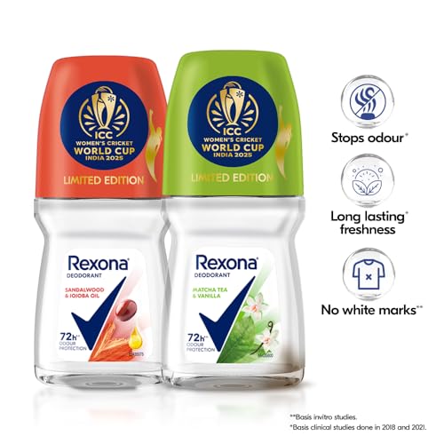 Image of Rexona Matcha Tea & Vanilla and Sandalwood & Jojoba Oil Antiperspirant Roll-On | for Women | Limited Edition Pack - ICC Women's Cricket World Cup India 2025 |50 ML (Pack of 2)
