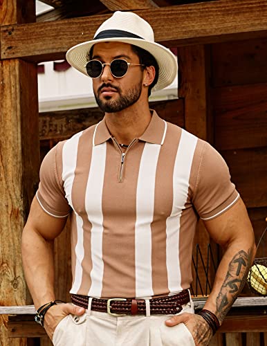 Men's Striped Polo Knitted Shirt Quarter Zip Pullover Sweater Contrast Lapel Collar Casual Top For Golf Sports Camel Xx-Large #TOP1