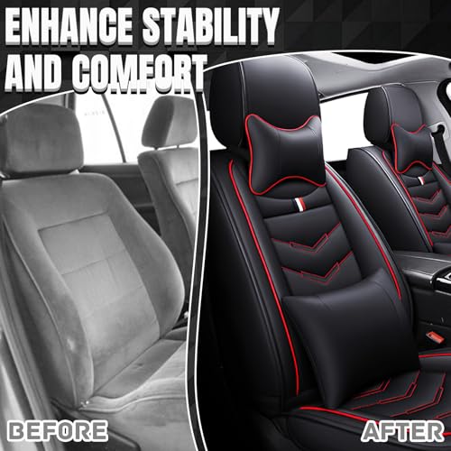 Image of Car Seat Covers Fit for Ford Escape 2001-2026, Leather Seat Covers for Car, Waterproof Non-Slip Durable Car Seat Protector(2 Seats with Pillow,Black Red)