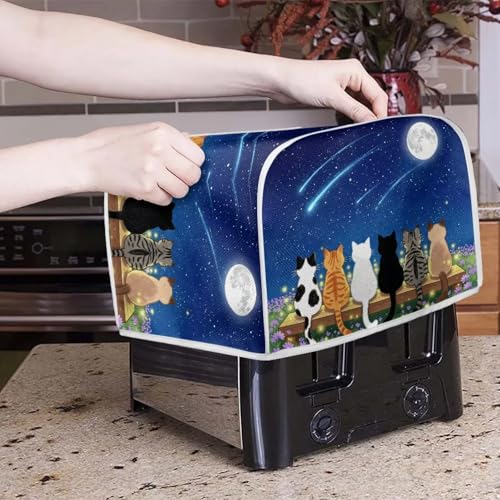 Image of Talayituse Starry Sky Cat Moon Print 2 Slice Toaster Dust Covers Kitchen Small Appliance Cover, Stain Resistant Dust Protection Bread Machine Cover with Top Handle, S
