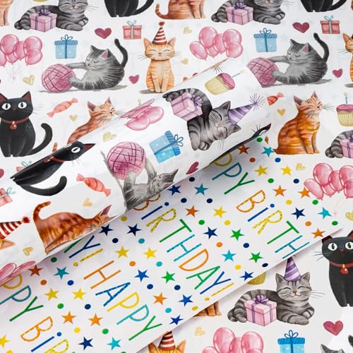 Yarcony Reversible Cat Wrapping Paper Roll Happy Birthday Wrapping Paper Watercolor Cute Cat Kitten Birthday Gift Wrap for Valentines Day Mothers Day Wedding Baby Shower (17 Inch X 16.5 Feet)