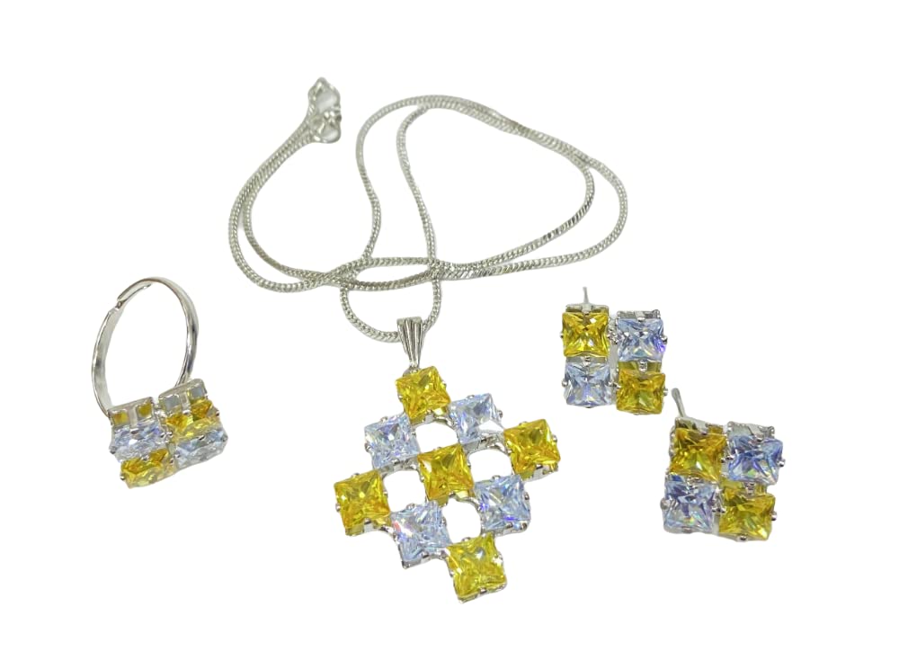 Elegant Jewellery Set | Bangle, Pendant, Earrings & Ring for Women & Girls | Micro Gold Plated | AD CZ Diamond Studded | Traditional, Modern, Wedding & Festival Wear Jewellery (S Crystal Yellow & White)