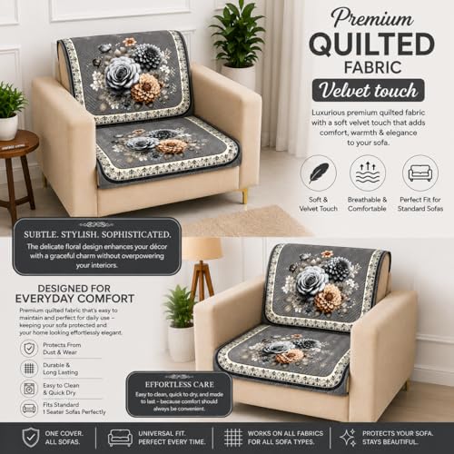 Image of Homerz 'Brooklyn Series' Premium Sofa Cover | Quilted Floral Design | Non-Slip Washable Sofa Protector | Soft Anti Slip Fabric (Grey, 1 Seater, Seat Cover with Backrest)