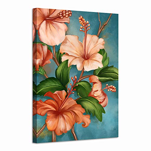 LevvArts Tropical Floral Wall Art Hawaii Hibiscus Flower Paintings Canvas Picture Painting Botanical Artwork Vintage Orange and Teal Wall Decor for Living Room Bedroom Framed Ready to Hang