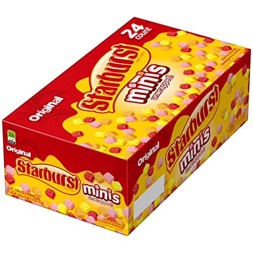 Image of STARBURST Minis Original Candy Fruit Chews,1.85 oz, 24 Pk Snacks Bulk | School lunches treat, mini candy fruit chews candy, strawberry, cherry, orange, lemon flavor candies, snack packs gluten free