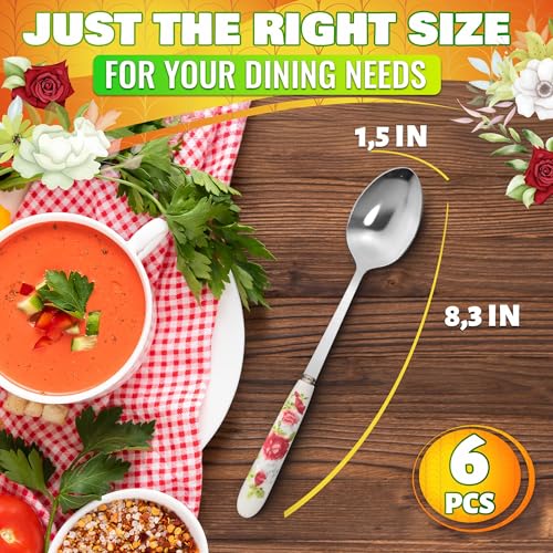 Image of Sugar Spoon Set of 6 - Elegant 8.3″ Floral Table Tablespoons Set with Non-Heating Ceramic Handle for Secure & Comfortable Grip - Food-Safe & Corrosion-Resistant Stainless Steel Soup Spoons Silverware