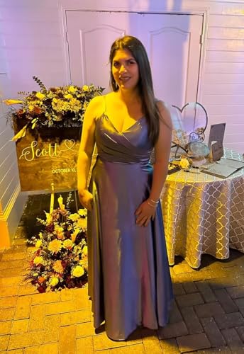 Women's V-Neck Satin Bridesmaid Dresses Long Spaghetti Strap Corset Prom Formal Dress with Slit4