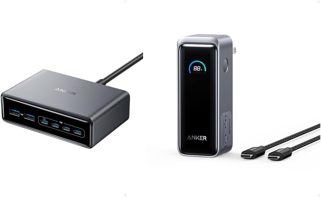 Anker Prime Charger, 200W 6-Port GaN Charging Station, USB-C PD Fast Charging Desktop Charger with Anker Prime Power Bank, 9,600mAh Battery Pack with 65W Output, Built-in AC Plug