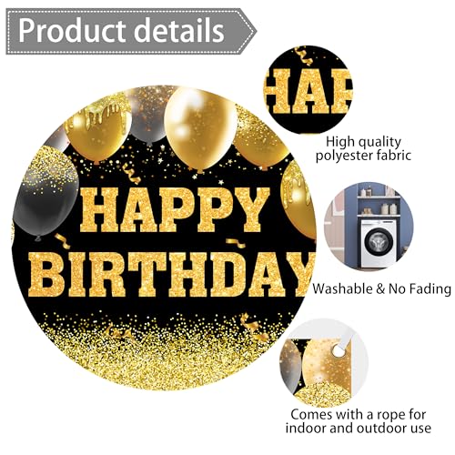 Image of Happy Birthday Decorations Backdrop 8 x 6 ft Golden Happy Birthday Banner Large Birthday Party Background for Men Women Kids Photo Shoot Supplies (Black, 8 * 6 ft)
