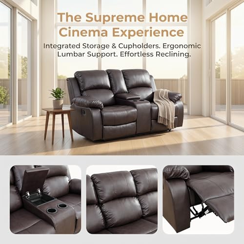 Image of Leather Power Recliner Sofa Set, Leather Recliner Couch Sets with Cup Holders, Storage Console, 2 Piece Sectional Sofa with USB Charging Port for Home Theater, Living Room, Office, Brown