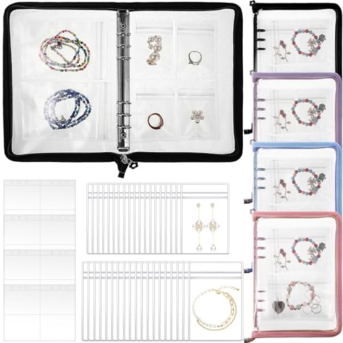 Affrolling Paquete de 4 organizadores de joyas de viaje, juego de libros transparentes para almacenamiento de joyas con bolsillo antioxidante, bolsas de joyería transparentes con cremallera para