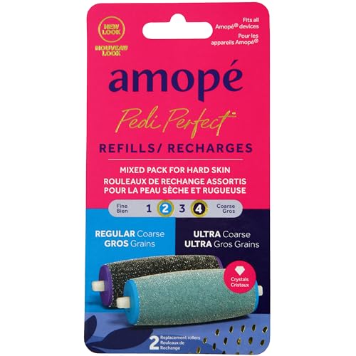 Amope Pedi Perfect Electric Callus Remover Foot File Roller Head Refills with Diamond Crystals Removes Hard & Dead Skin Mixed Pack for Hard Skin 1 Regular Coarse & 1 Ultra Coarse Refill 2 Count
