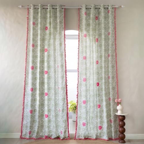 Image of Tranquebar Curtain Co. 244 cm (8 Feet), Green & Pink, 1 Piece, 100% Cotton Fabric, Eyelet- Door Curtain 8 Feet,Eyelets