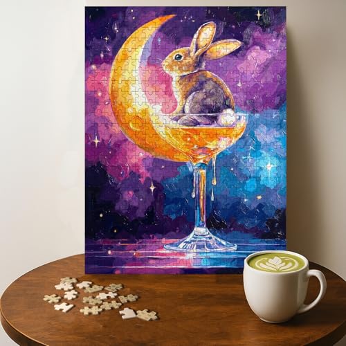 Rabbit Moon Cocktail Fantasy Jigsaw Puzzle - 500 Pieces Wooden Puzzle for Adults, Wall Art Gift, Finished Size: 20 x 15 Inch
