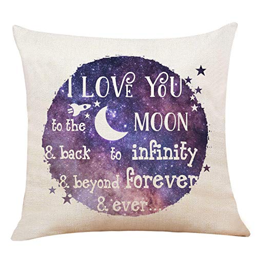 XUWELL Romantic Quote I Love You to The Moon and Back Cotton Linen Throw Pillow Cover, Galaxy Decorative Cushion Case, Couple Valentine’s Day Wedding Gift for Sofa Bed Home Decor 18x18 Inch