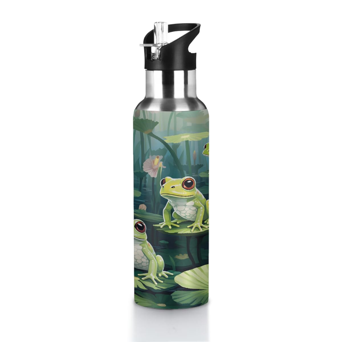 VQUVQV Frogs And Lotus Flowers Insulated Stainless Steel Water Bottle with Straw for Sports and Travel, 600ml Leakproof Gym Water Bottles for Men Women