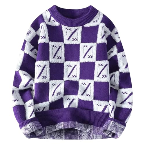 Men's Fashion Round Neck Printed Sweater Winter Contrast Color Long Sleeve Loose Casual Knit Top