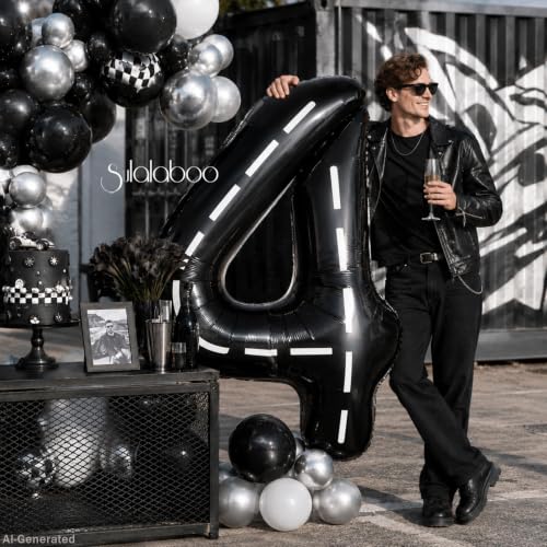 Image of Race Car 40 Inch Black 4 Big Large Helium Balloon Number 0-9 | Track Giant Digital 4th Foil Mylar Balloons for Men Birthday Car Theme Party Anniversary Graduation Decorations