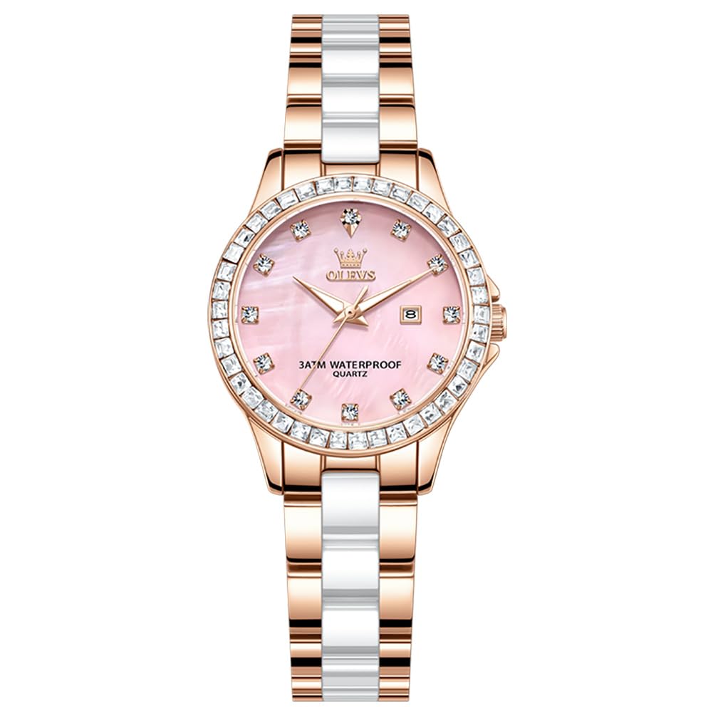 OLEVS Damen-Diamantuhr Elegante Luxus-Armbanduhr Damenuhr aus Roségold mit Keramikglas