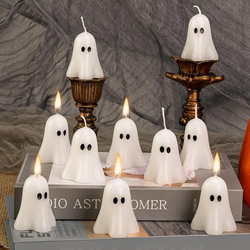 EBaokuup 10 PCS 2.3'' X 1.6'' Halloween Ghost Candles, White Classic Decor Candle for Home and Table Decorations