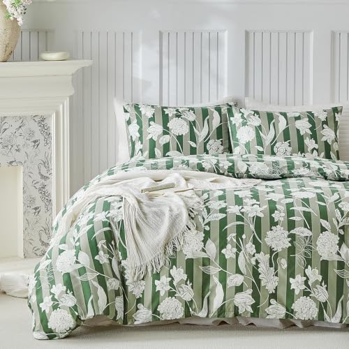 Image of Lekesky Green Floral Duvet Cover King Size, Stripes Comforter Cover King Size Floral Printed Duvet Set, 3 Pieces Soft Microfiber Bedding Set with 8 Zipper Ties (King, 104 inchx90 inch)