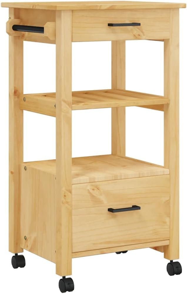 vidaXL Solid Pine Wood Kitchen Trolley - Rolling Cart with Drawers, Shelves, Hooks, Brown Honey Wax Finish, 18.9x15.7x35.4 in, Versatile Use