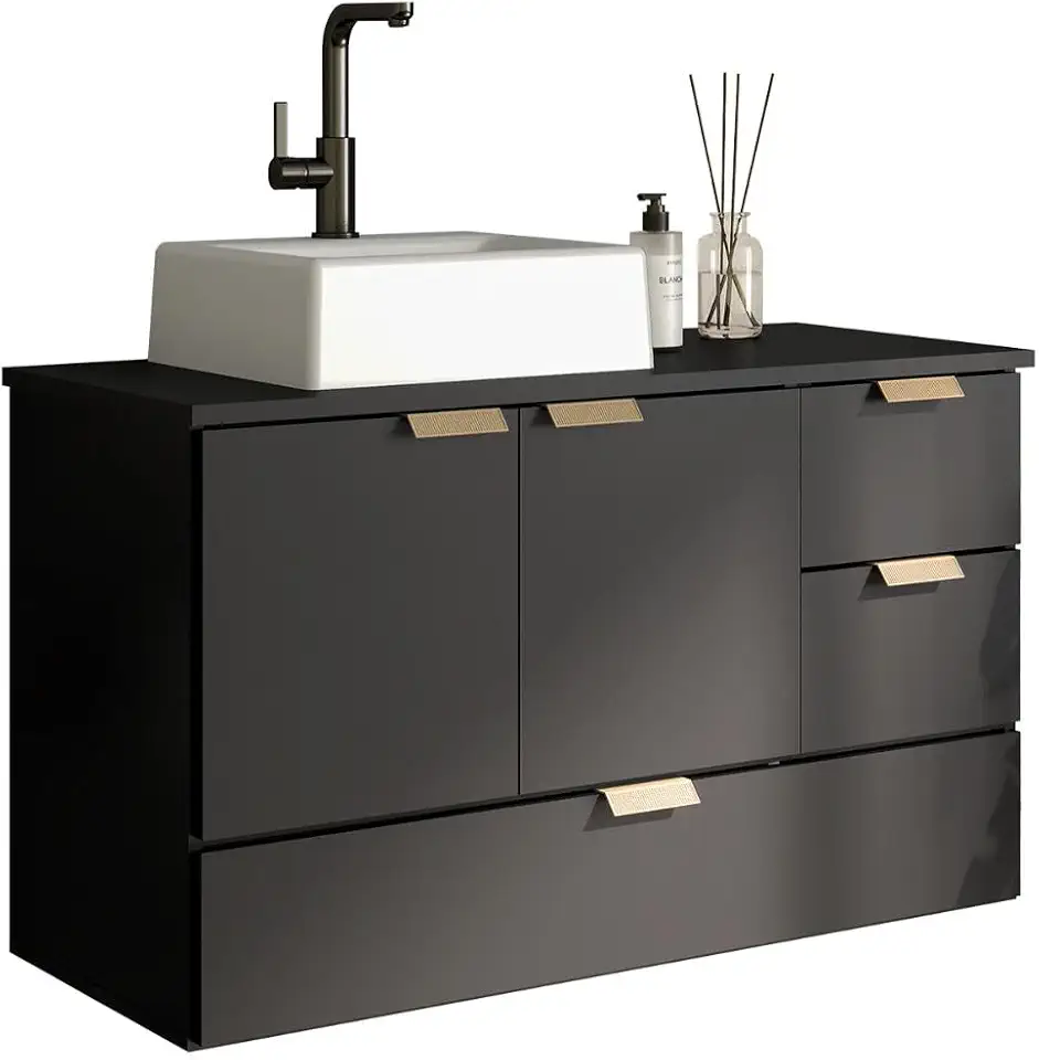 Gabinete Armário Para Banheiro Lavabo Com Cuba Suspenso Preto Organizador