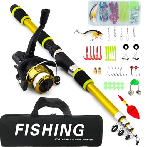 Juego de pesca para niños, set de iniciación de 1,8m, juego de caña de pescar para niños con carrete y juego de cebo, cañas telescópicas de fibra de carbono y carrete, accesorios de pesca para niños