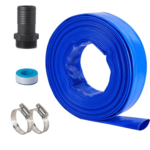 Image of 2 inch (Flat 3.4'' width) x 50 FT Pool Backwash Hose Kit with Male NPT Adapter | Blue Reinforced Pool Drain Discharge Hose for Swimming Pool Filter Pump,with 2 Clamp and Thread Seal Tape
