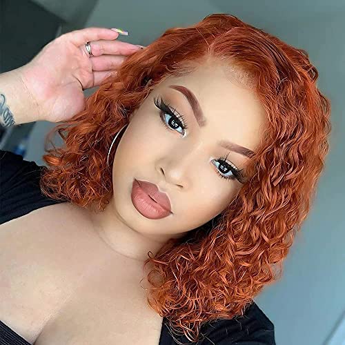 Hairytale Curly Bob Lace Front Wig Human Hair Short Bob 13x6 T Part Lace Frontal Wigs Ginger Pre Plucked with Baby Hair for Women (Orange, T Lace, 8 Inch)