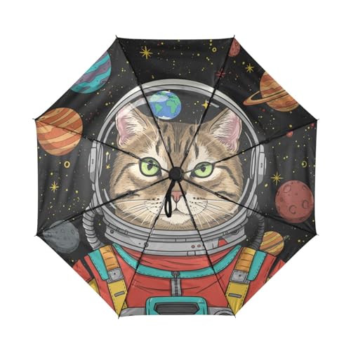 WAFICAC Paraguas de viaje a prueba de viento con diseño de gato astronauta de carey, doble ventilación, compacto, para lluvia y sol, protección UV automática y plegable ligero para mochila o coche.