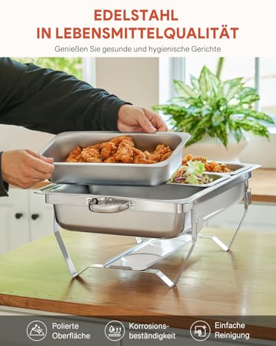 Wilprep Chafing Dish Edelstahl 9L Buffet-Set Warmhaltebehälter Speisenwärmer Wärmebehälter Rechaud für Catering, Buffet und Party (2 Set 3x1/3 GN-Behälter) – Bild 4