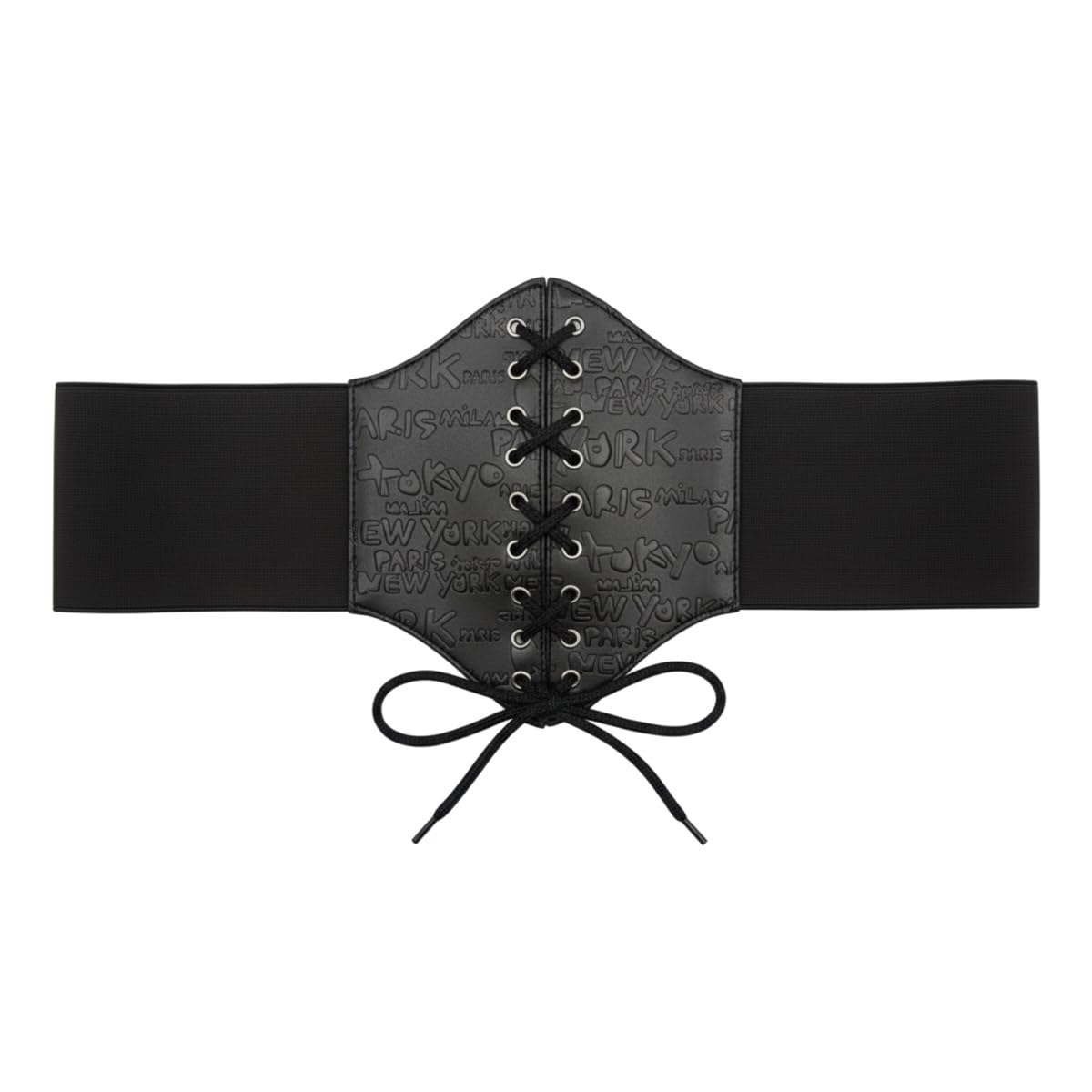 Women's Fashion Corset Belt, Black Elastic Waist Cincher with City Names Pattern, Lace-Up Design