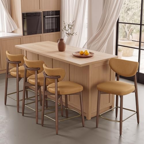 Image of VASAGLE Wooden Bar Stools Set of 4, Upholstered Counter Height Barstools with Solid Wood Legs, Ergonomic Backrest, Mid Century Modern, for Kitchen Island, Synthetic Leather, Caramel Brown