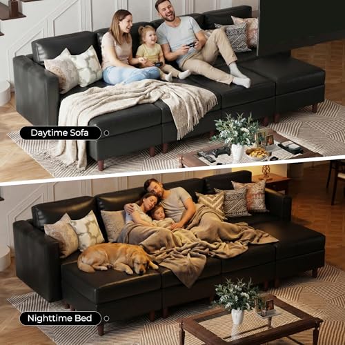 Image of ABCASA 118.5 inch Faux Leather Luxury Modular Sleeper Sofa Bed with Storage Seat, 8 Seat Sectional Couch Deep Seat with Reversible Chaises & Removable Cover - Black