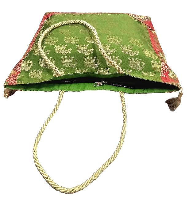 Image of Hand Purse | Traditional Hand Purse | Silk Wallet Hand Bag | Shagun HandPurse | Gifts HandBag | Golden Handle Tote Handbag | Brocade Shoulder Bag | 16 INCH
