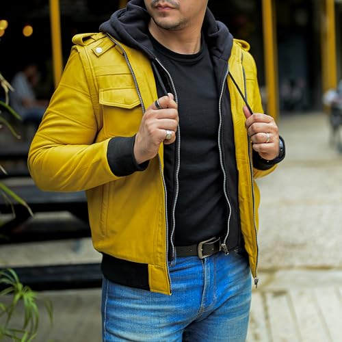 Image of Jild Hooded 2.0 Leather Jacket Men - Genuine Lambskin Leather Bomber Jacket with Removable Hood for Mens Fashion