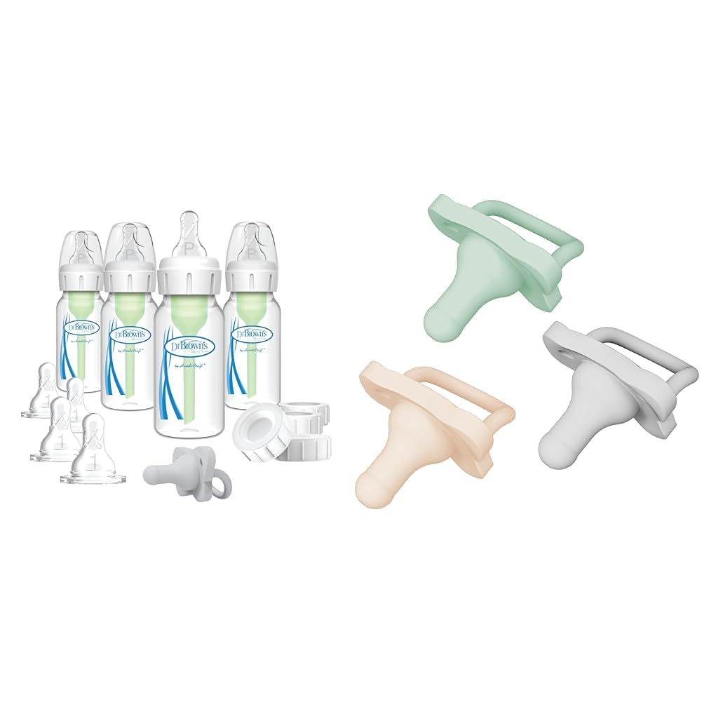 Dr. Brown's Anti-Colic Breast to Bottle Feeding Set with Slow Flow Nipples, Travel Caps & HappyPaci 100% Silicone Pacifier 0-6m, BPA Free, Cool Gray, Green, Ecru,3 Count
