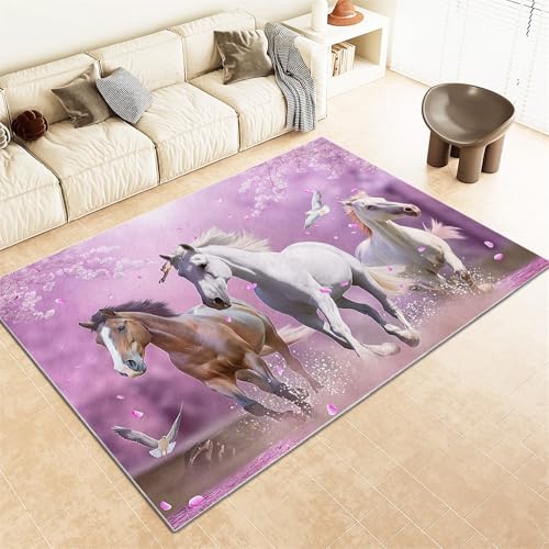Teppich Wohnzimmer SchlafzimmerTiere Pferde KirschblüTen Lila Outdoor Kurzflor Teppiche Waschbar Weich Flauschiger rutschfest Lila-80x150 cm