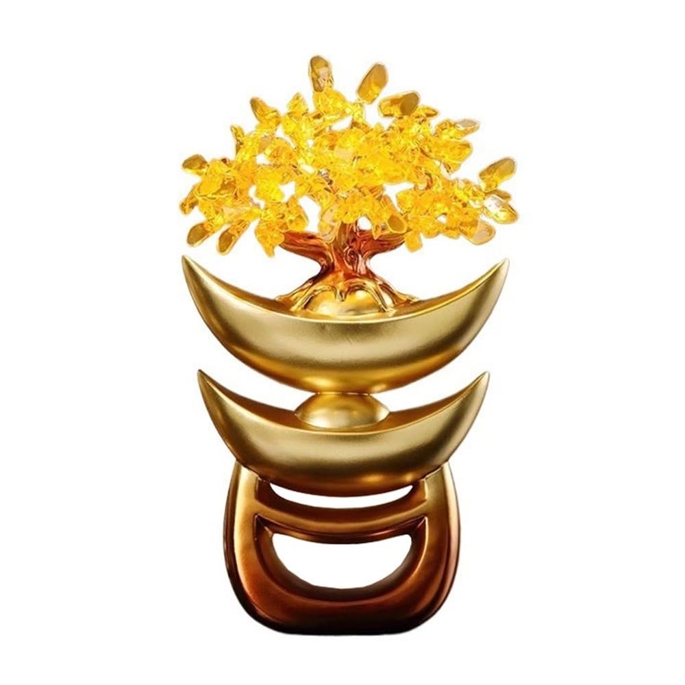 Money Tree Tabletop Home Feng Shui Ornament, Citrine with Gold Ingot Fortune Tree Decoration Crystal Tree(Gold)