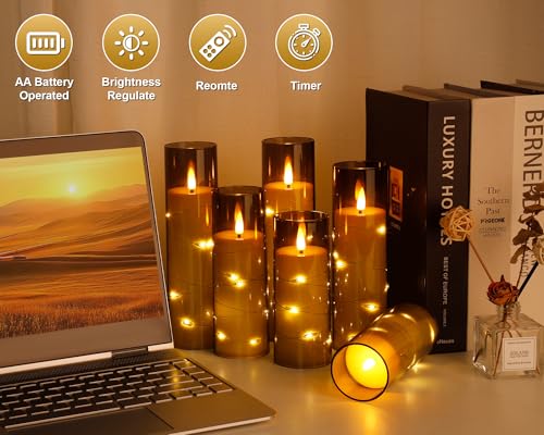 Image of Enido Flameless LED Candles with Remote & Timer, Battery Operated Acrylic Pillar Set, 10 Pc Flickering Electric Lights with Embedded Star String for Cozy Home & Holiday Romantic Decor (Matte Grey)