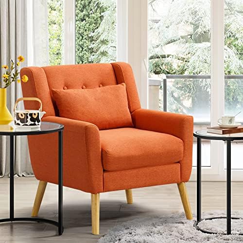 RichFire Mid-Century Modern Accent Chair, Tufted Wingback Reading Chair with Lumbar Pillow and Solid Wood Legs, Linen Fabric Living Room Chair for Living Room Bedroom Apartment, Orange