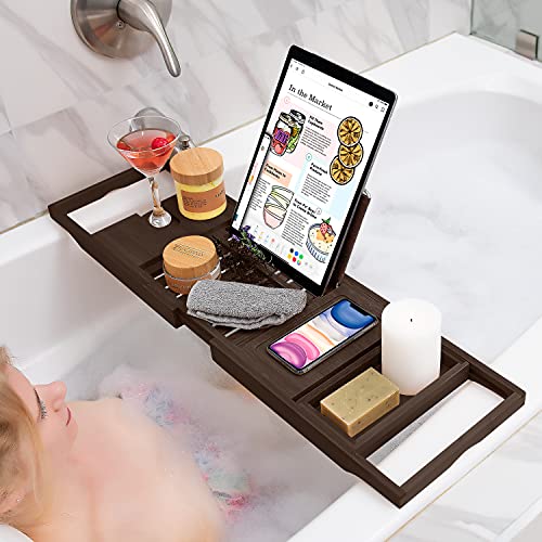 Homemaid Living Luxury Bamboo Bathtub Tray - Brown Expandable Bathroom Tray With Reading Rack Or Tablet Holder, Premium Bath Tray Includes A Wine Glass Holder, Bathroom Caddy Fits All Bathtubs #TOP4