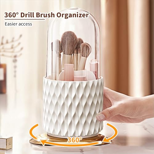 FIVAVA Makeup Brush Holder 360 Rotating Make up Organiser with Dustproof Lid,Spinning Cosmetic Organizer Storage Box for Lipstick Lip Gloss Eyeliner Bathroom(White) - Image 3