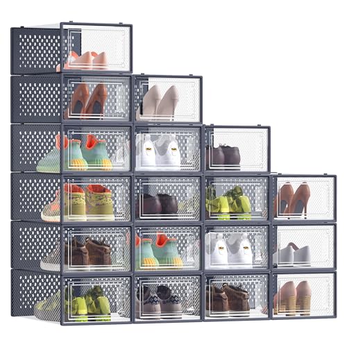 SONGMICS Scatole per Scarpe, Contenitori per Scarpe, Organizzatori Portascarpe Pieghevoli e Impilabili, Fino alla Taglia 43, Set di 18, Trasparente e Blu Carbone LSP066Q18
