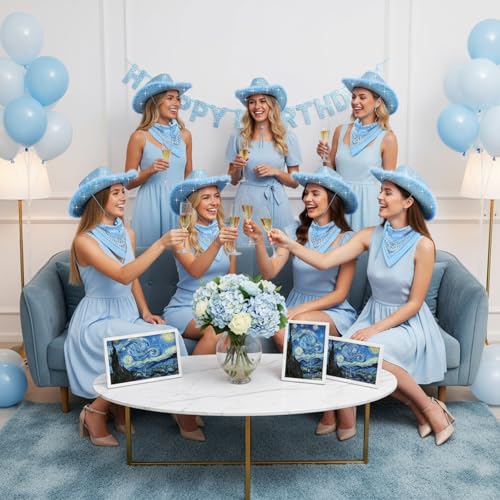 Image of Coume 12 Pcs Sparkly Adults Cowboy Hat and Bandanas Women Men Western Glitter Cowgirl Party Hats with Adjustable Drawstring