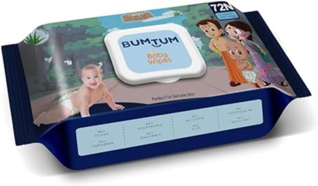 Bumtum Baby Chota Bheem Gentle Soft Moisturizing Wet Wipes With Lid | Aloe Vera & Chamomile Extracts | Paraben & Sulfate Free (Pack of 1, 72 Pcs. Per Pack)